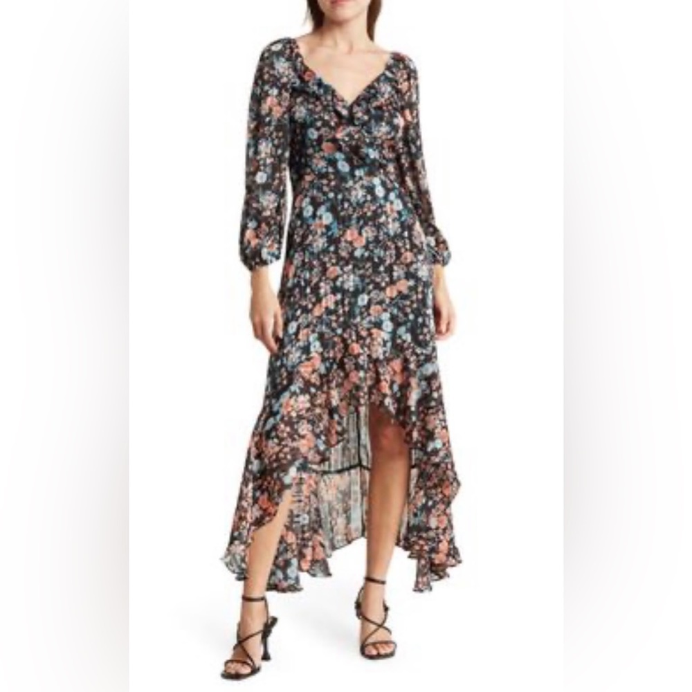 Mel rose and market black pink and blue floral high low maxi dress size xs